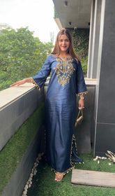 Cotton denim dabka work long silhouette